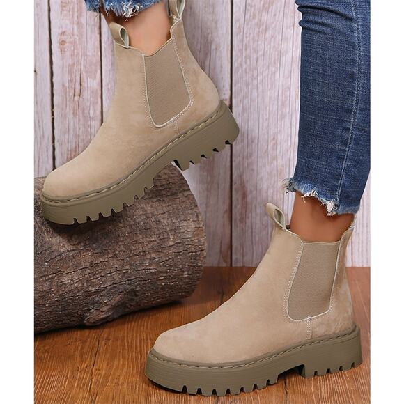 Ankle Platform Boot Womens Size 6 Khaki Faux Suede Booties - Picture 11 of 11